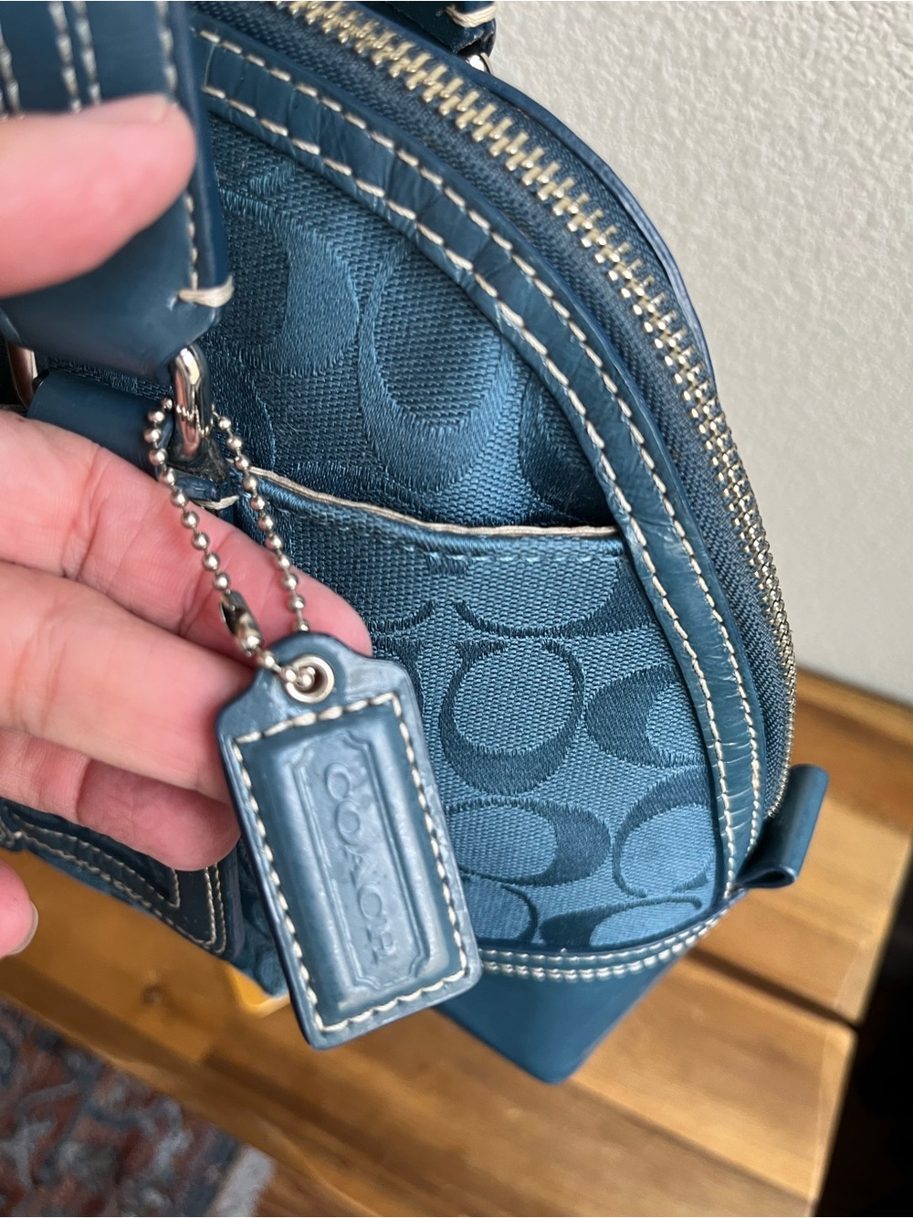 Coach Teal Signature Jacquard Satchel with Front Turn-Lock - Picture 14 of 16